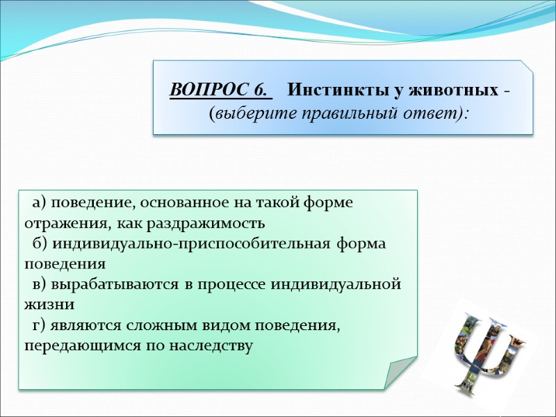 а) поведение, основанное на такой форме отражения, как раздражимость   б) индивидуально-приспособительная форма